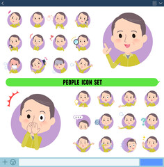 アイコン形式で様々な感情表現をするスポーツウエアを着た中年薄毛男性のセット