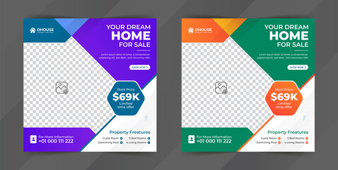 Real estate home for sale social media post or square web banner advertising template