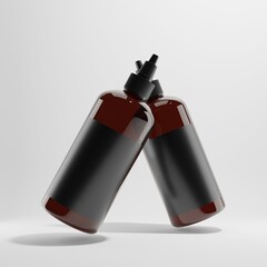 two brown bottles cosmetic flying on white background 3d rander