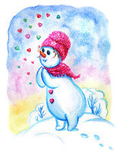 A snowman girl in a hat and a scarf is waiting for her beloved in the winter forest, watercolor illustration for the New Year, Christmas or Valentine's Day.