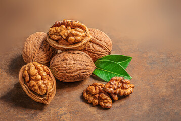 Walnut. Fresh Walnut kernel Nut  on wooden background with copyspace. Top view.