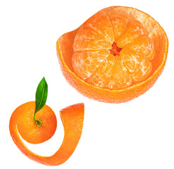 Tangerine or clementine oranges fruits  peel twist isolated on white background.  Fresh mandarins...