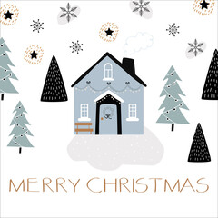 Christmas winter background with house, christmas trees, stars and text. Perfect for wallpaper, background, gift card, winter decor and holiday designs. Vector illustration.