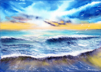 Watercolor illustration of sunset over the sea with blue and orange sky and sea waves rolling onto the sandy shore
