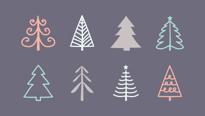 Collection of hand drawn Christmas icons - trees. Vector