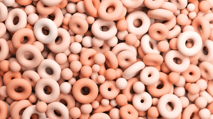 A lot of geometric objects on a surface - donuts and spheres in calming coral color. Poured geometry 3d render illustration