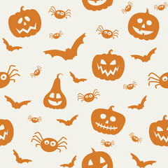 Design of Halloween pattern with funny pumpkin lanterns and spiders. Vector