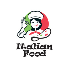italian food emblem with chef woman isolated on white background