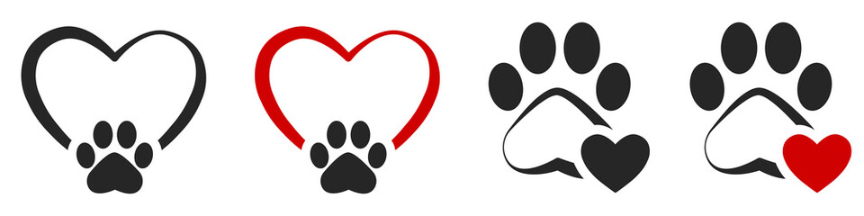 Set of love paw print. Paw print with heart. Logo animal love. Paw in the heart. Vector illustration. - obrazy, fototapety, plakaty