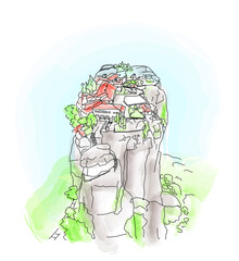 The monastery  Meteora, Greece, watercolor sketch, vector illustration