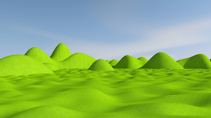 Obraz premium Green meadow with sky background. 3D illustration, 3D rendering