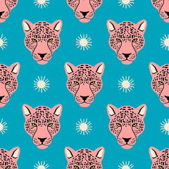 Seamless pattern with cheetah heads and abstract sun. Flat cartoon style.