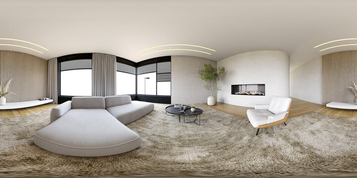360 panorana of modern interior room with fireplace 3D rendering