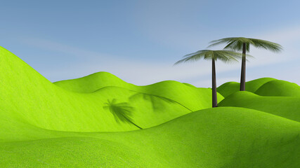 Fototapeta na wymiar Green meadow with sky background. 3D illustration, 3D rendering