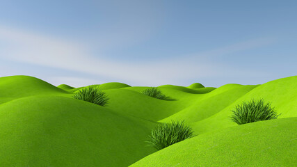 Green meadow with sky background. 3D illustration, 3D rendering