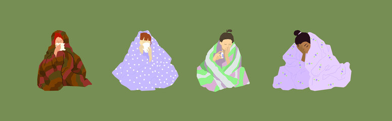 Vector images of ill girls. Autumn and winter seasons. Season of colds, sore throats, flu, covid-19.