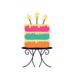 Festive multi-colored cake with candles in the form of stars. Vector illustration in hand drawn style. Can be used for invitations, postcards, cards.