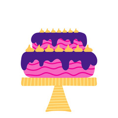 Bday cake with bizet and glaze. Holiday vertical greeting card happy birthday. Festive elements on a white background with greeting text. Hand drawn vector illustration in Scandinavian style.