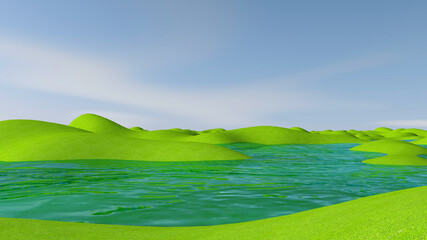 Obraz premium Green meadow with sky background. 3D illustration, 3D rendering 
