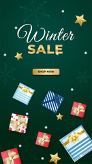 Winter Christmas new year sale banner or poster with discount text. Banner background template for social networks stories. Special offers season sales. Vector illustration
