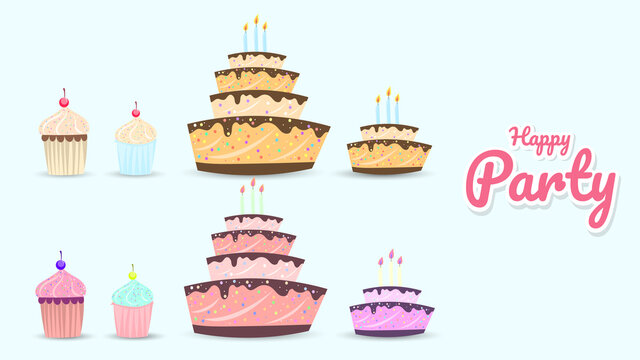 Happy Party with birthday cake and cute decorations isolated on blue background. Vector Illustration EPS 10
