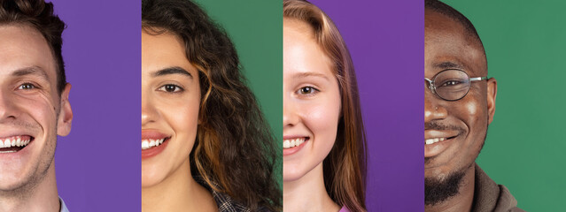 Photo set of cropped portraits of group of multi ethnic people on multicolored background. Collage.