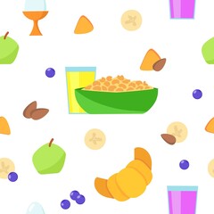 Healhy Breakfast Seamless Pattern. Orange juice, porridge, boiled egg, croissant and berries. Vector illustration