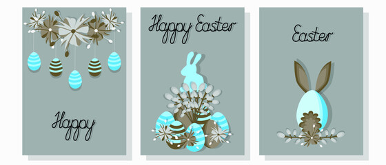 Wreath flower bush branches in a bucket eggs rabbits lettering Spring and Easter in chocolate blue tones on a white background. Vector illustration of a thematic character for postcard stickers e-mail
