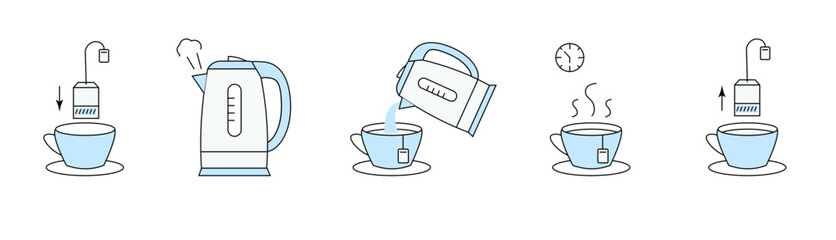 How to brew tea bags. Vector illustration. Put tea bag in a cup, bring water to boil, pour water, wait a little bit. 