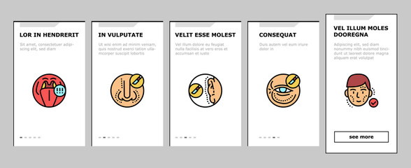 Otorhinolaryngology Treatment Onboarding Mobile App Page Screen Vector. Cholesteatoma And Hoarseness Health Problem, Rhinoplasty Surgery And Menieres Symptom Otorhinolaryngology Treat. Illustrations