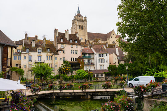 Beautiful view of historical city center of Dole in France.Travel destination.Notre dame church in background