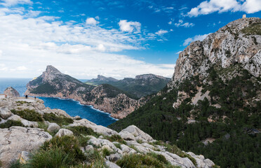 Fototapeta na wymiar Panoramic view over the sea, cliffs, rocks and mountains of Cap de Fromentor, Mallorca, Spain