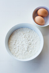 Baking Cooking Ingredients Flour Egg. Top View Copy Space. Cookies Pie Or Cake Recipe