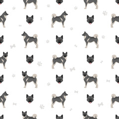 Norwegian elkhound seamless pattern. Different poses, coat colors set