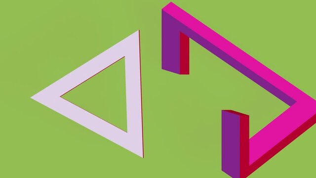 Penrose triangle - graphic paradox, red paradox body rotating displays triangle Other triangle body rotates about different axis and changes color. Two minimalist geometric body on green screen.