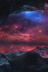 Space cave, stones, tunnel and starry night Galatian sky, planets, nebula. Fantasy space landscape, rock hole. Neon space 3D illustration. 