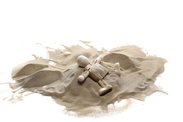 Pile desert sand dune and wooden man marionette, figure, doll isolated on white background, clipping path