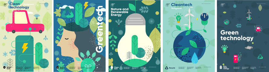 Recycle. Nature and Renewable Energy. Green Energy and Natural Resource Conservation. Set of vector illustrations. Background images for poster, banner, cover art. - obrazy, fototapety, plakaty