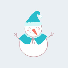 Hand drawn isolated cute smiling snowman with blue clothes