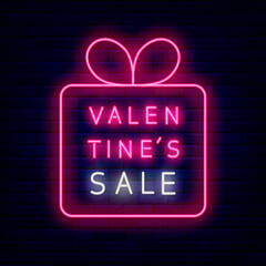 Valentines Sale neon text in gift box frame. Light advertising. Editable stroke. Vector stock illustration