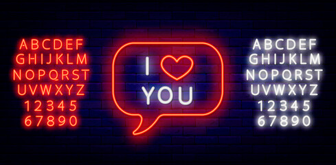 I love you neon sign with alphabet. Happy Valentines Day design. Love declaration in chat. Isolated vector illustration