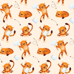 Vector seamless pattern with tiger cubs, gift boxes and lollipop. Year of the tiger, gift wrap, festive design. Vector seamless holiday pattern.