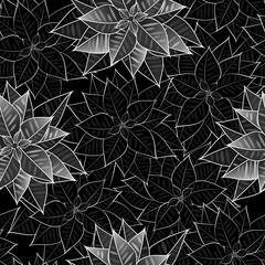 Poinsettia flower. Seamless black and white pattern with flowers, winter berries, branches of a Christmas tree.