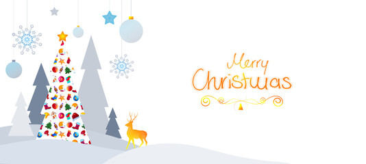 Christmas modern design with colorful fir tree and deer isolated on white.