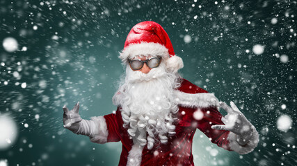 cool santa claus in sunglasses calls out discounts