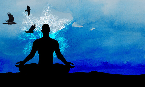 silhouette of a person in meditation position - background birds and tree