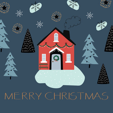 Christmas winter background with house, christmas trees, stars and text on blue background. Perfect for wallpaper, background, gift card, winter decor and holiday designs. Vector illustration.