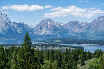 The Teton mountain range rises above Jackson Lake near Grand Teton National Park near Jackson Hole, Wyoming