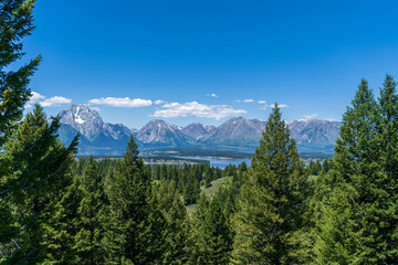 The Teton mountain range rises above Jackson Lake near Grand Teton National Park near Jackson Hole, Wyoming