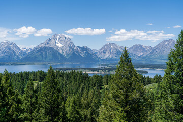 The Teton mountain range rises above Jackson Lake near Grand Teton National Park near Jackson Hole, Wyoming